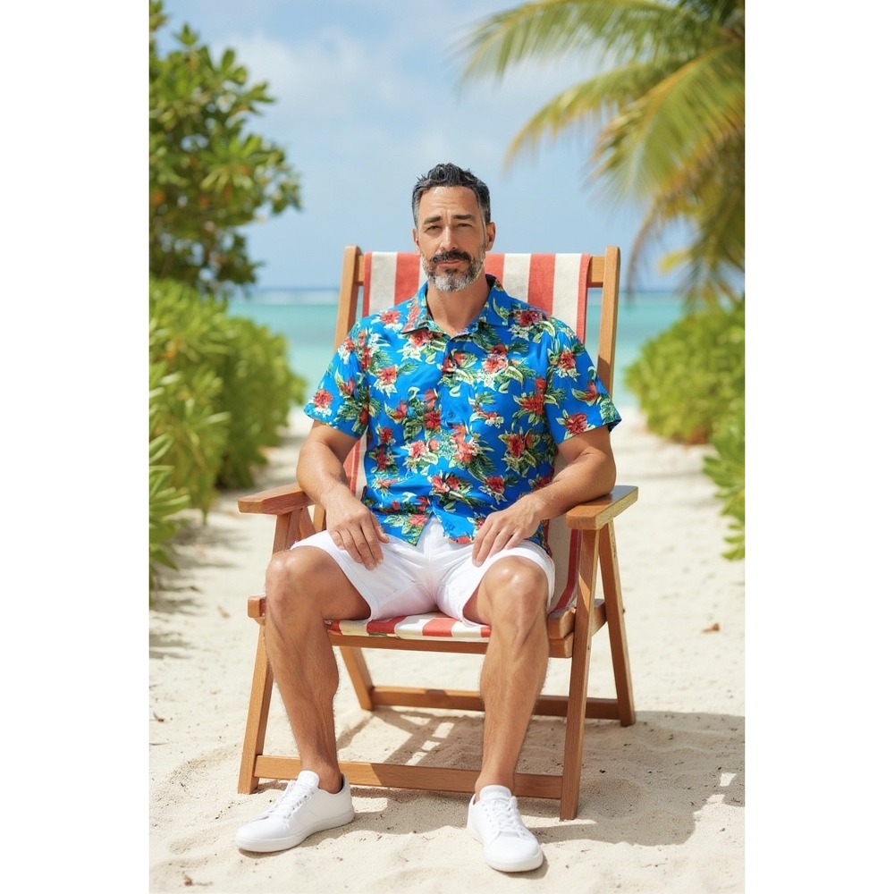 Mens Resolution‎ Clothing Blue Floral Hawaiian Shirt Tropical Vacation